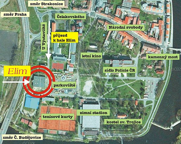 orientační podrobnější mapka Písku - víceúčelová hala Elim Písek