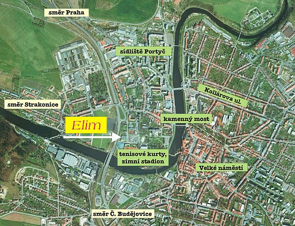 orientační mapka Písku - víceúčelová hala Elim Písek